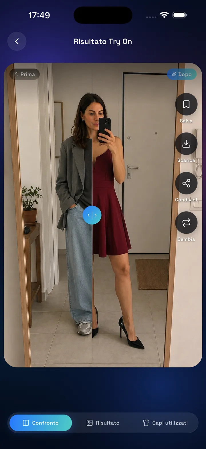 Schermata reale OutfitMatch: confronto prima e dopo nella prova virtuale.