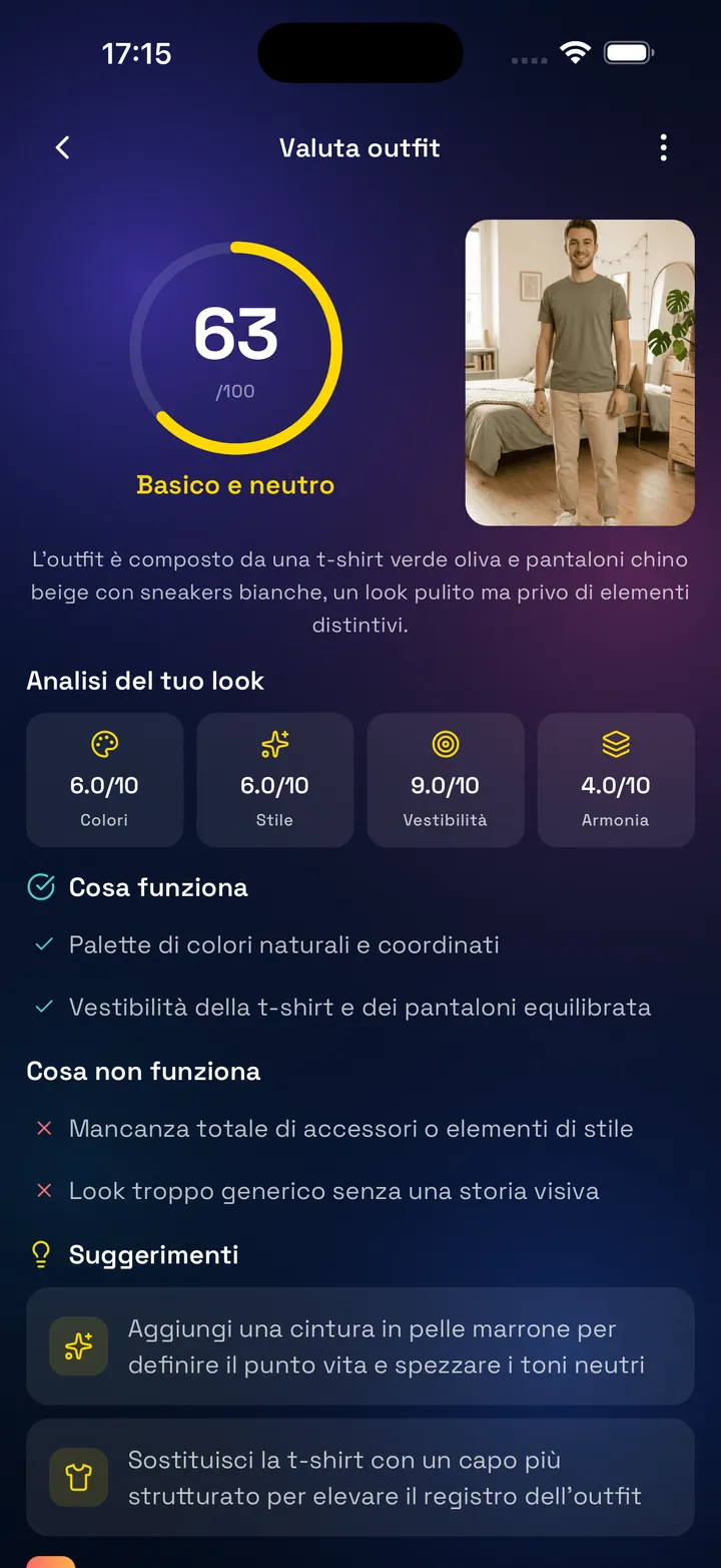 Schermata reale OutfitMatch: valutazione di un outfit.