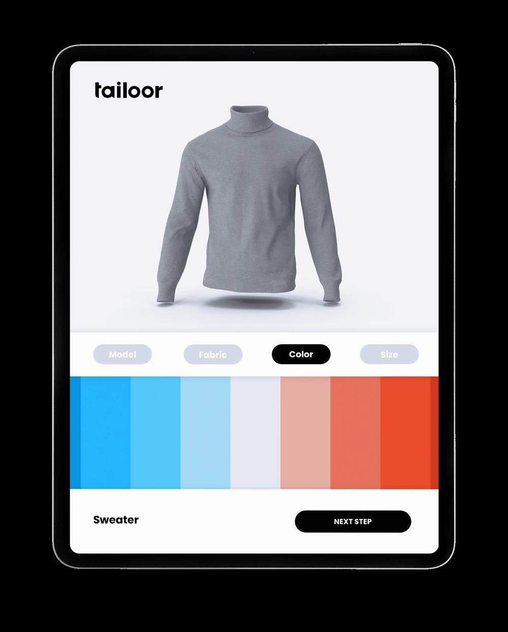 Visual ufficiale Tailoor: il configuratore di un capo su un tablet, con scelte di modello, tessuto, colore e taglia.
