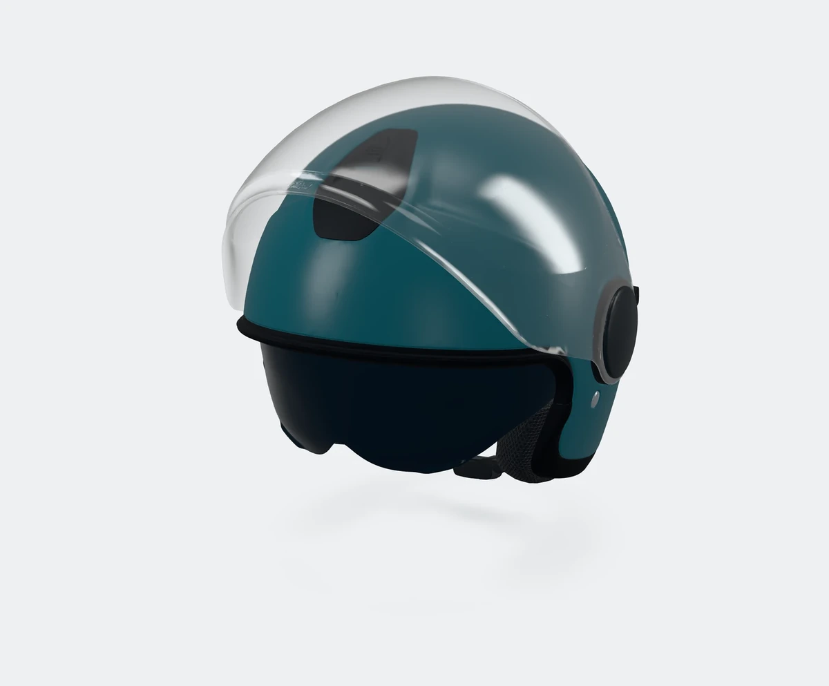Casco jet petrolio con visiera esterna sollevata e parasole interno abbassato